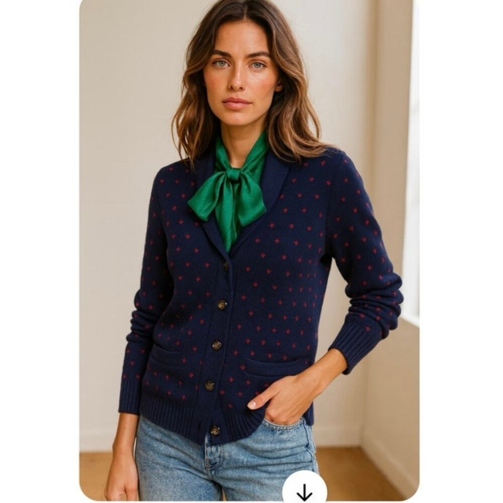 Merona 100% Cotton Navy Red Polka Dot Heritage Preppy Shawl Collar Cardigan - Picture 8 of 10